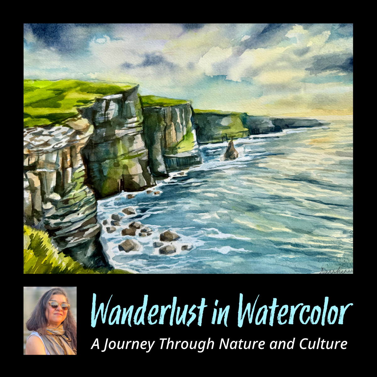 Watercolor painting with photo of artist