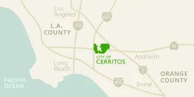 Illustration map of Los Angeles/Orange County with City of Cerritos at center