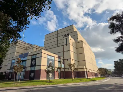 Exterior of Cerritos Center for the Performing Arts showing parking lot