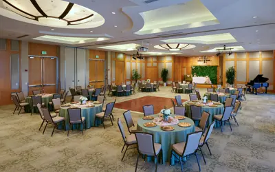 Skyline Room interior with dining tables and chairs.